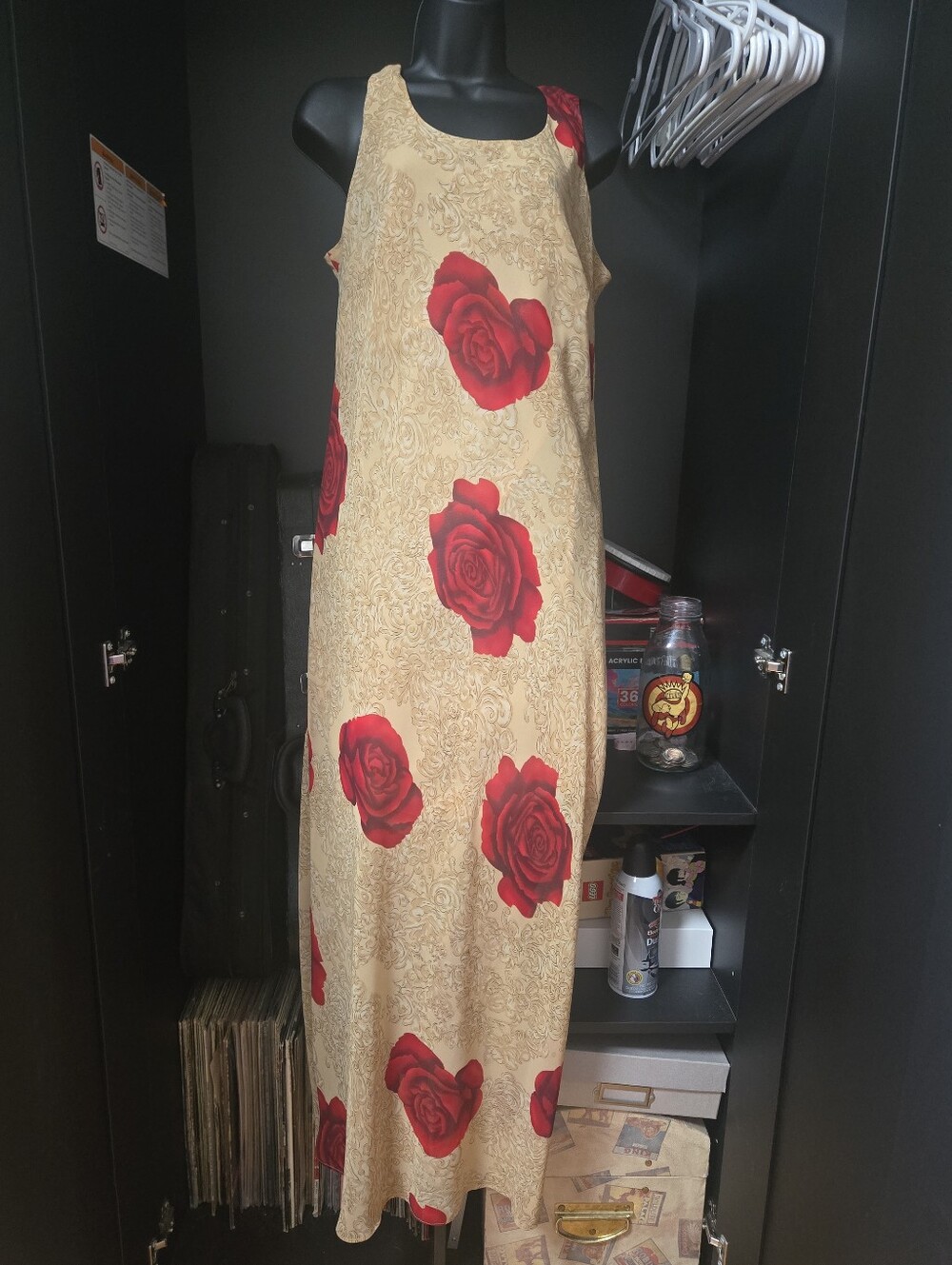 Vintage Mary McFadden Collection Gold Filigree Red Rose Maxi Dress 14